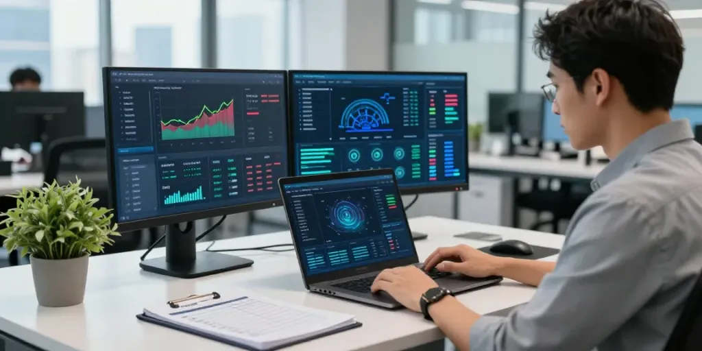 IT-Sicherheit für KMU: IT-Sicherheitsspezialist analysiert Netzwerksicherheit in modernem Büro.