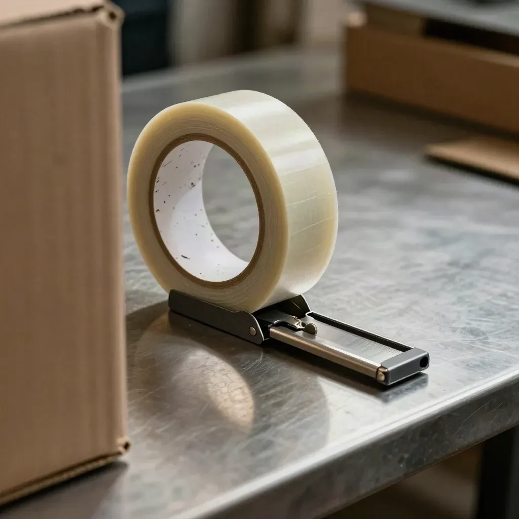 Packbandrolle, Cuttermesser und Kantenschutz auf Metall im dramatischen Studio-Licht.
