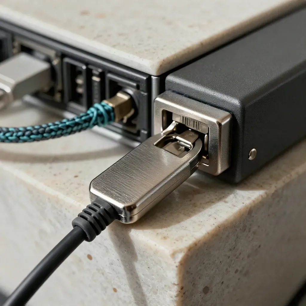 Hardware-Sicherheitsschlüssel, Serverriegel und Patchkabel auf hellem Travertin