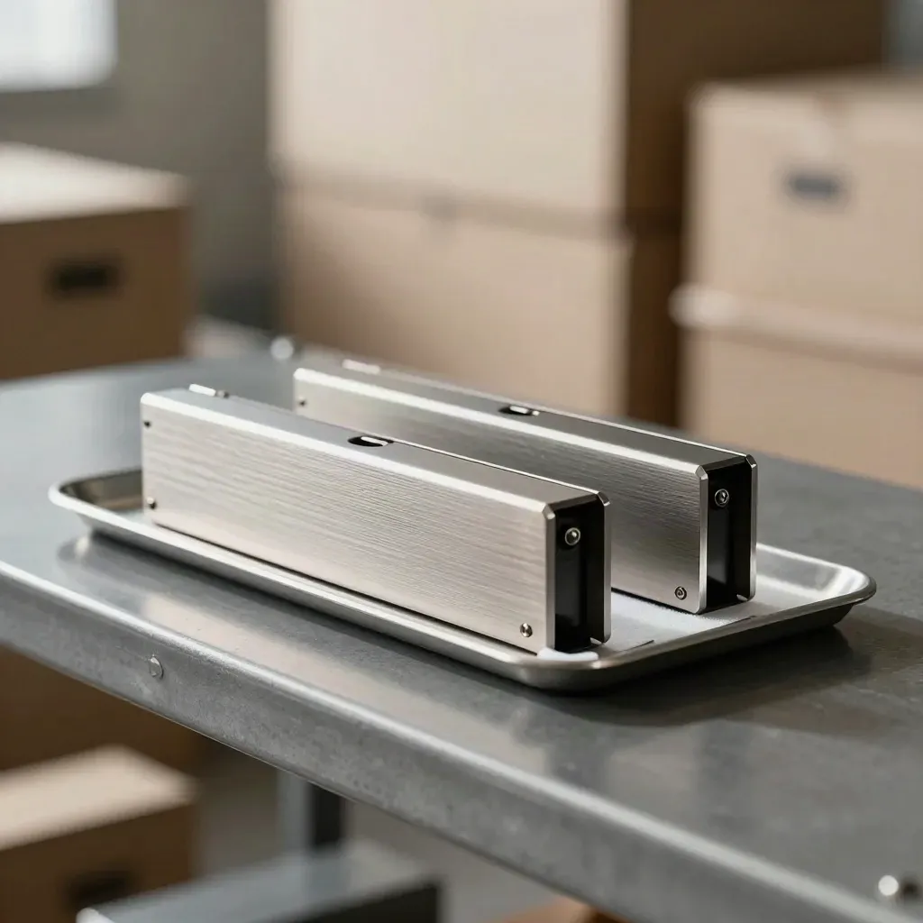 Zwei SSD-Träger und eine Antistatikschale auf einer matten Metallfläche im Lager.
