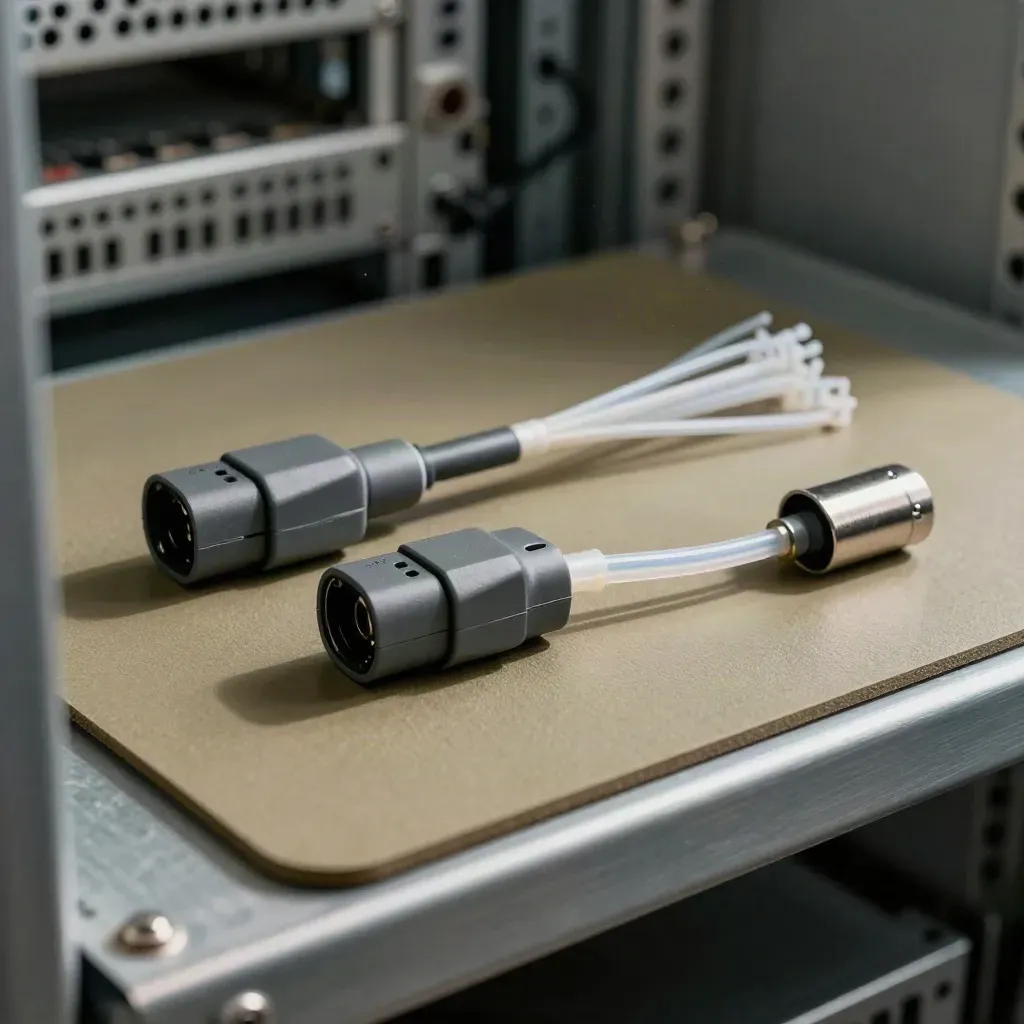 Glasfaser-Adapter und Kuppler auf khakifarbener Servicefläche im dramatischen Seitenlicht.