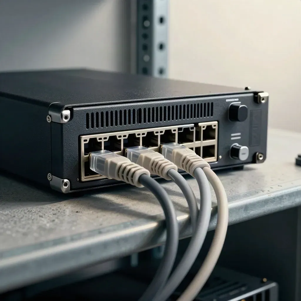 Firewall-Appliance mit LWL-Loopback-Steckern und Patchkabel im kühlen Serverraum.