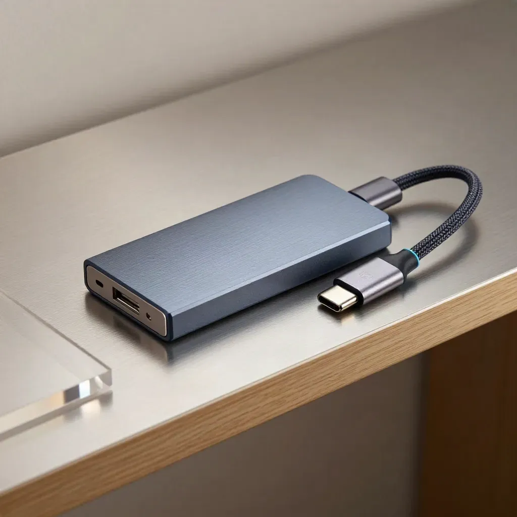 NVMe-Laufwerk, USB-C-Hub und Patchkabel auf einer Werkbank mit Acrylständer.