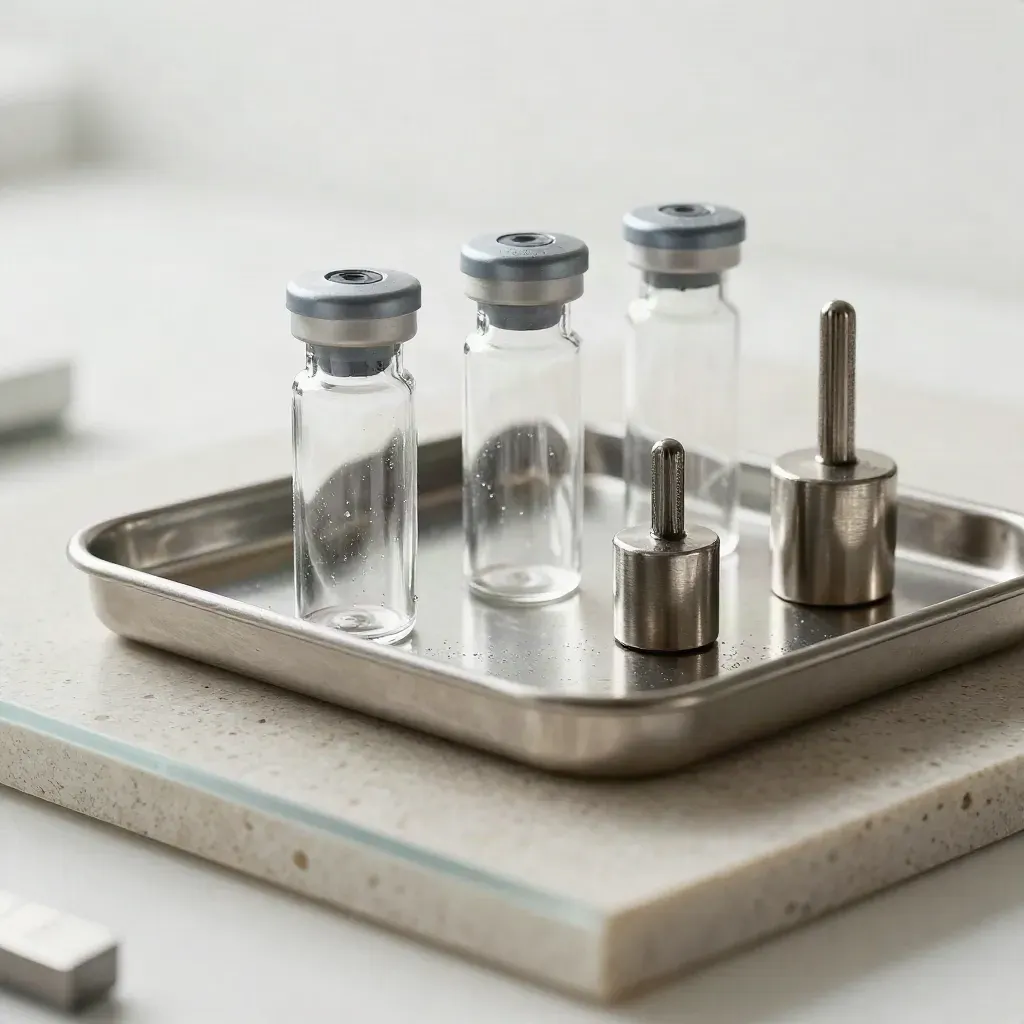 Vials, Gewichte und Stahlschalen auf hellem Stein, von oben fotografiert.