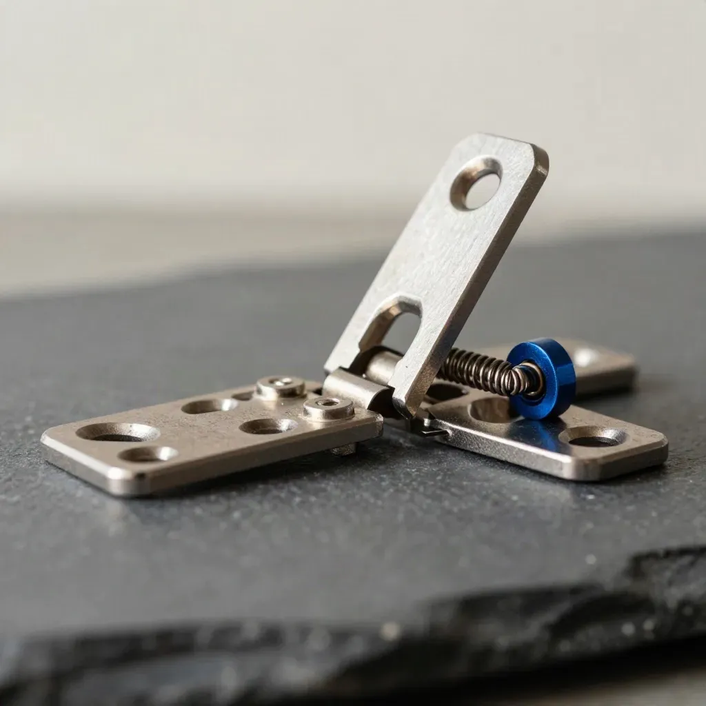 Metallische Scharnierplatten, Kupplungen und Federclip auf dunklem Stein im dramatischen Licht.