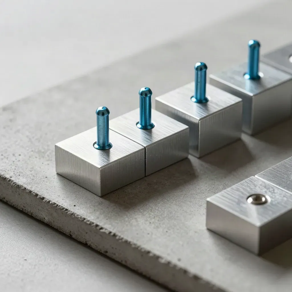Stepped-Aluminium-Blöcke und zwei cyanfarbene Brückenstifte auf grauem Beton