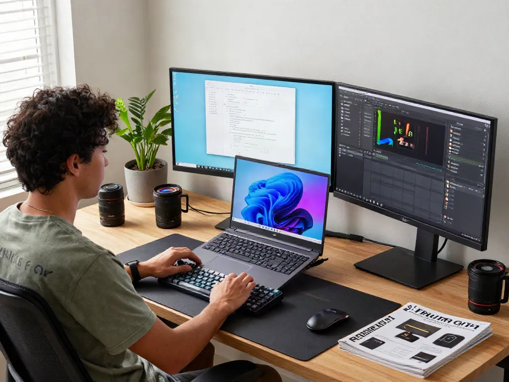 Windows 11 Home in moderner Home-Office Umgebung mit Laptop und Monitoren.